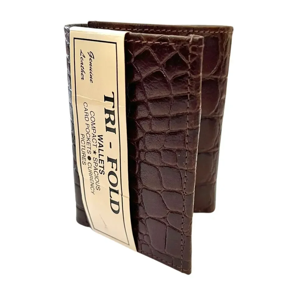 NWT Deadstock Vintage Croc-Embossed Brown Leather Tri-Fold Men's Wallet